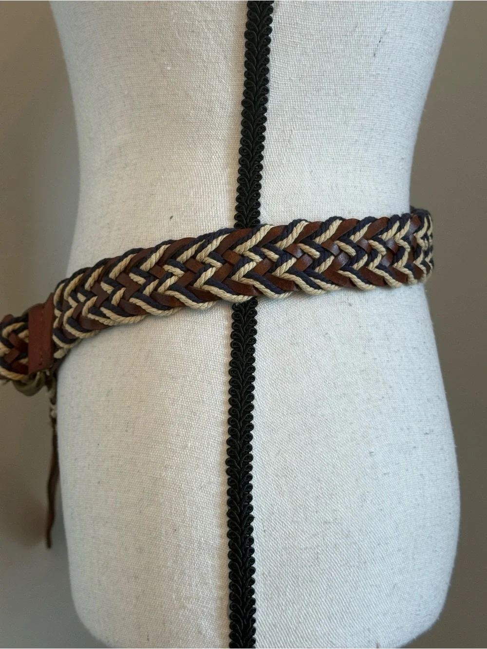 Lucky Brand Braided Leather Rope D Ring Belt Size 36 Brown Navy Cream Woven